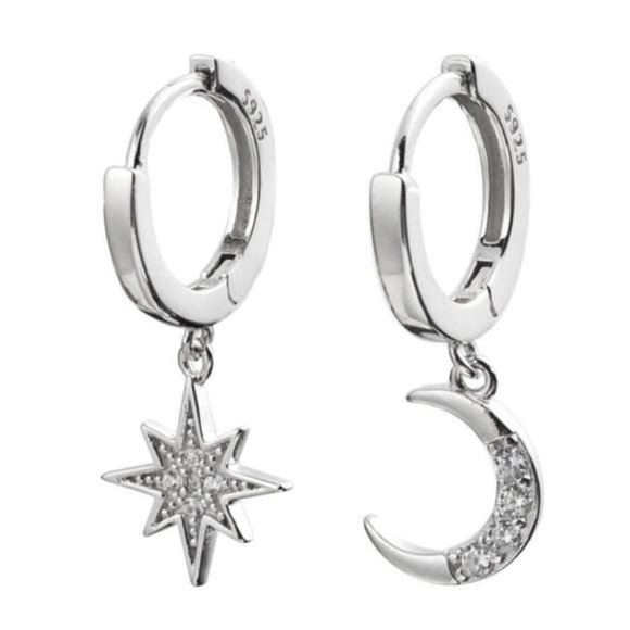 Jewelry - NEW 925 STERLING SILVER DIAMOND MOON STAR HOOPS, NICE EARRINGS, CUTE EARRINGS